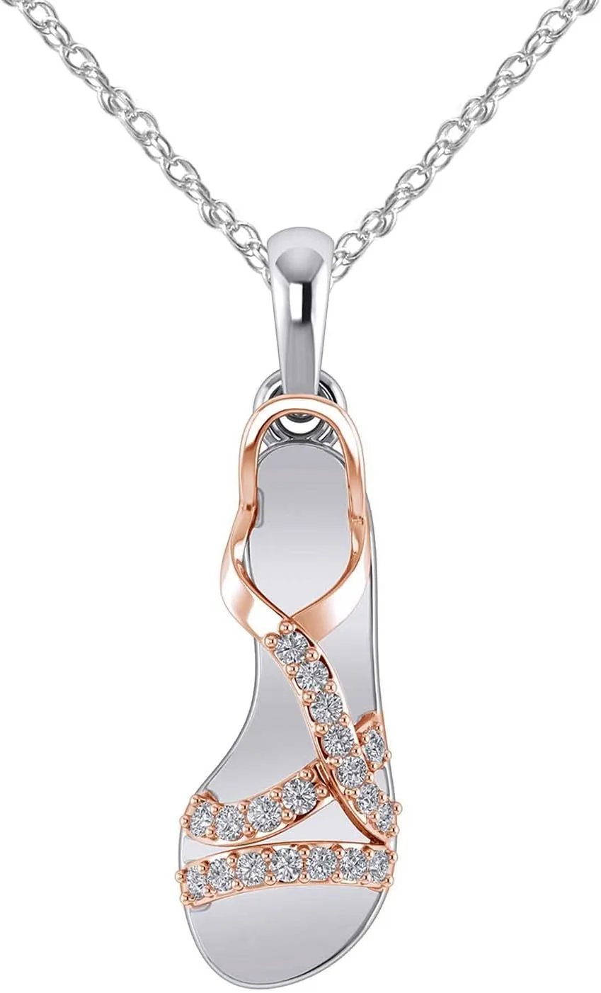 14k Gold Finish Flip Flop Pendant Slipper Beach Fancy Sandals Two Tone Diamond Pendant Necklace 18" Chain Footbed Sandal Slippers Pendant Necklace
