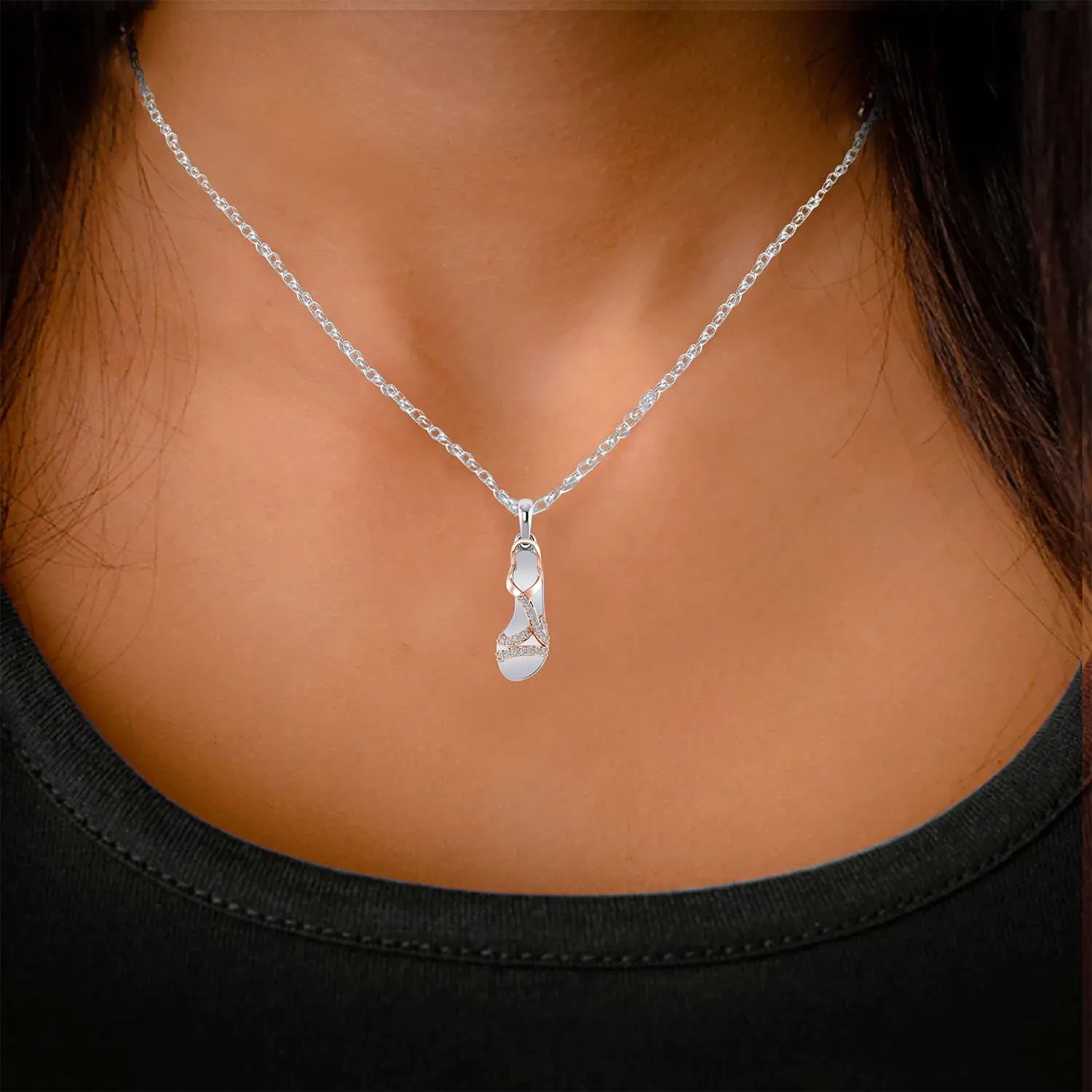 14k Gold Finish Flip Flop Pendant Slipper Beach Fancy Sandals Two Tone Diamond Pendant Necklace 18" Chain Footbed Sandal Slippers Pendant Necklace