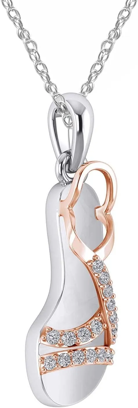 14k Gold Finish Flip Flop Pendant Slipper Beach Fancy Sandals Two Tone Diamond Pendant Necklace 18" Chain Footbed Sandal Slippers Pendant Necklace