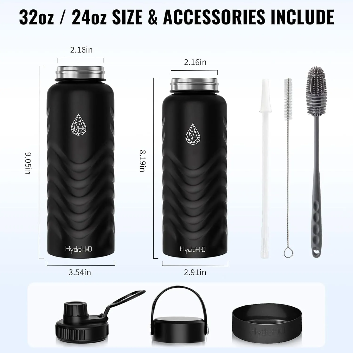 32oz Insulated Water Bottle with Straw and Spout,Stainless Steel with Fluid Scale,Leak-Proof,Wide Mouth,BPA-Free,Silicone Boot & Handle – Black Sports Flask for Gym,Hiking,Travel