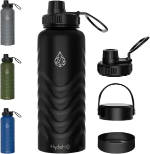 32oz Insulated Water Bottle with Straw and Spout,Stainless Steel with Fluid Scale,Leak-Proof,Wide Mouth,BPA-Free,Silicone Boot & Handle – Black Sports Flask for Gym,Hiking,Travel