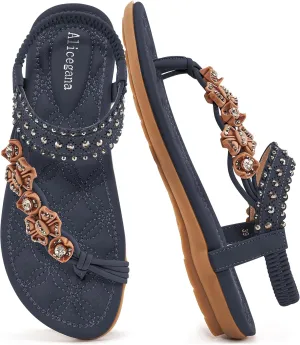Alicegana Womens Sandals Dressy Flats: Bohemian Summer Comfortable Split Toe Shoes Walking Beach Gladiator