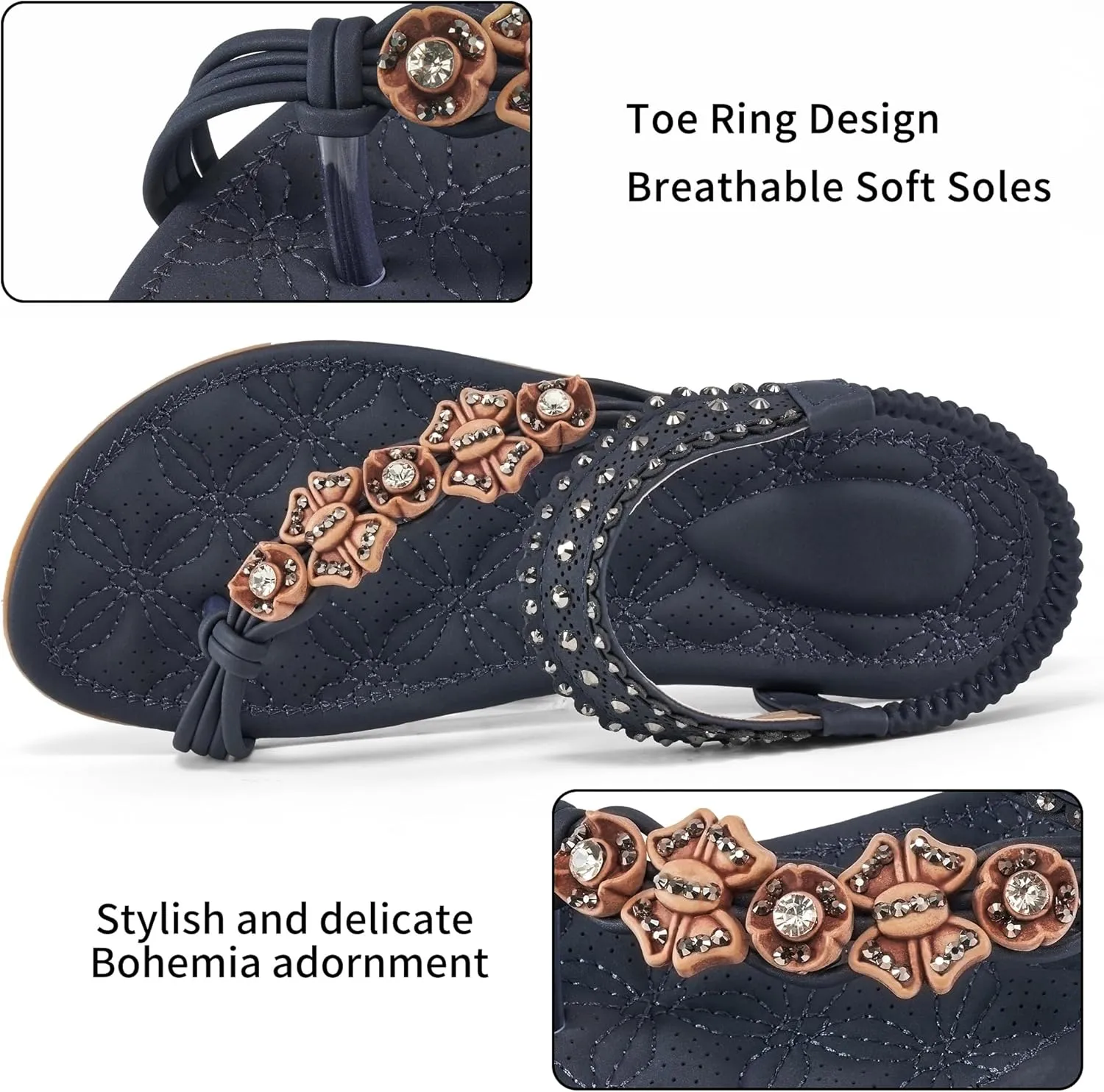 Alicegana Womens Sandals Dressy Flats: Bohemian Summer Comfortable Split Toe Shoes Walking Beach Gladiator
