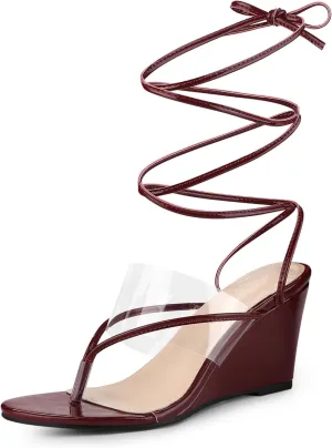 Allegra K Women's Lace Up Clear Strap Flip Flops Wedge Sandals
