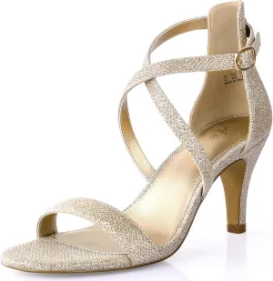 Ankis Nude Gold Black Heels Strappy Heels for Women 3 Inch Stiletto Open Toe Sandals for Wedding Evening Party Homecoming