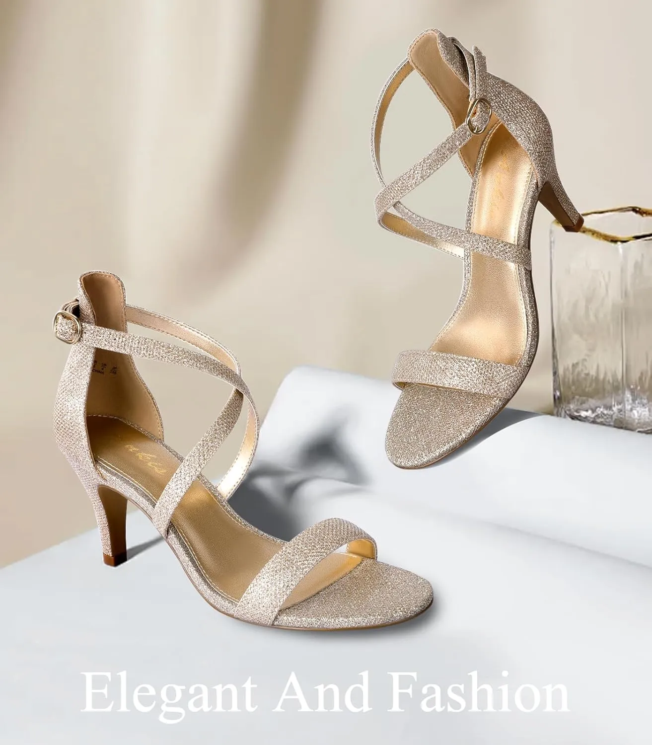 Ankis Nude Gold Black Heels Strappy Heels for Women 3 Inch Stiletto Open Toe Sandals for Wedding Evening Party Homecoming