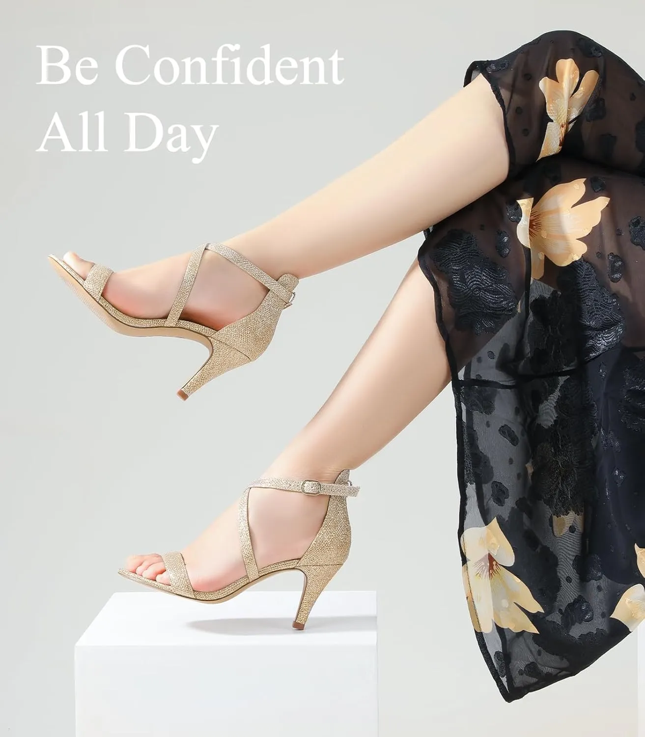 Ankis Nude Gold Black Heels Strappy Heels for Women 3 Inch Stiletto Open Toe Sandals for Wedding Evening Party Homecoming