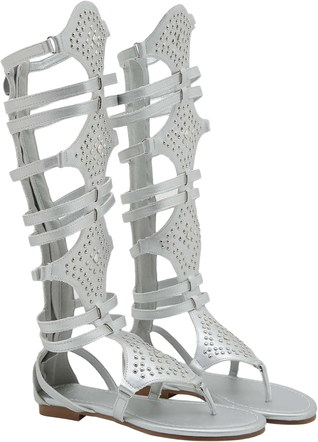 ANUFER Womens Knee High Roman Gladiator Sandals Rivets Studded Strappy Zipper Thong Sandals