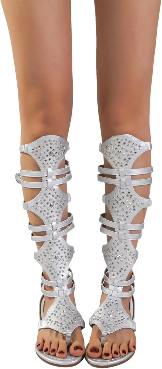ANUFER Womens Knee High Roman Gladiator Sandals Rivets Studded Strappy Zipper Thong Sandals
