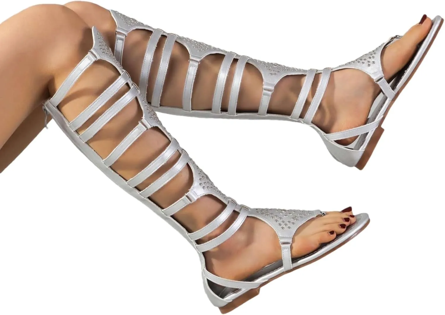 ANUFER Womens Knee High Roman Gladiator Sandals Rivets Studded Strappy Zipper Thong Sandals