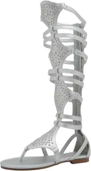 ANUFER Womens Knee High Roman Gladiator Sandals Rivets Studded Strappy Zipper Thong Sandals