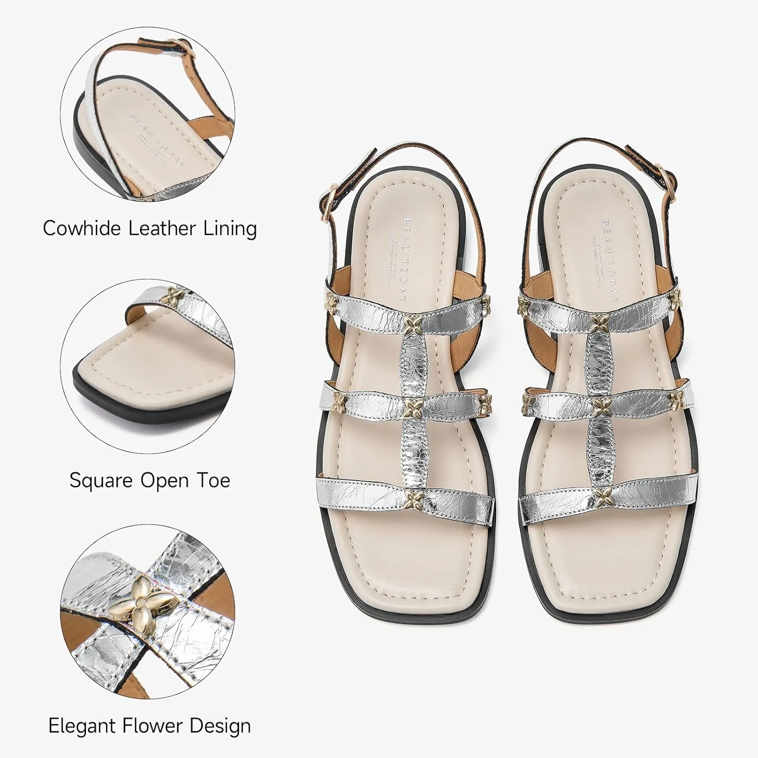 BEAU TODAY Gladiator Sandals for Women, Strappy Leather Fisherman Sandals for Women, Summer Slingback Dressy Comfortable Cute Flats for Wedding Beach Vacation