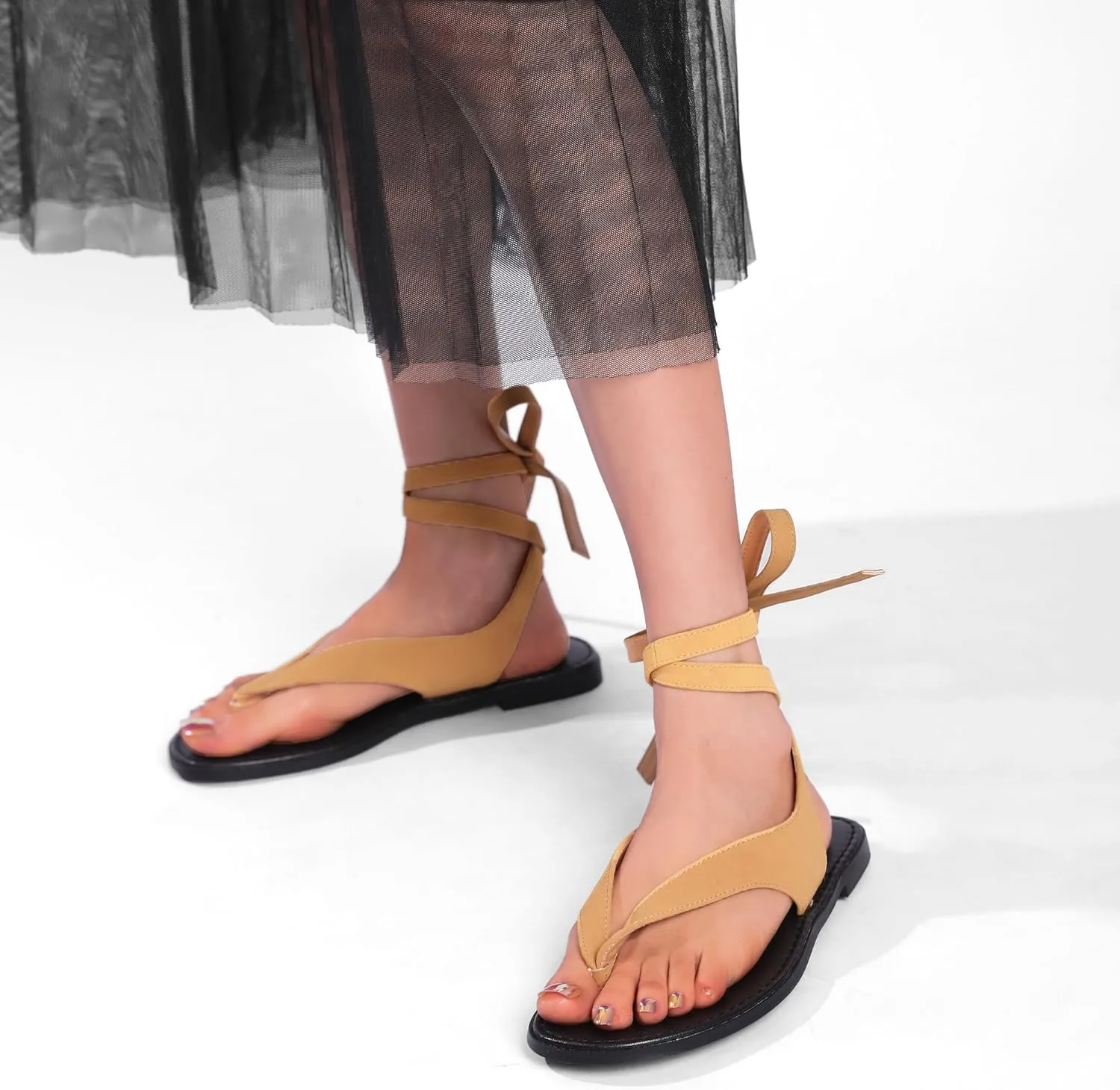 Black Ankle Strappy Thong Sandals for Women Cute Suede Flat Sandals Ladies Summer Dressy Beach Flip Flops Sandals