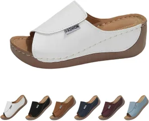 Comfortable Arch Support Slides with Solid Color, 2025 New Sandals for Women Breathable Summer Orthotic Leather Platform Wedge Sandals Slip on Women All Day Walking Casual Flip Flops