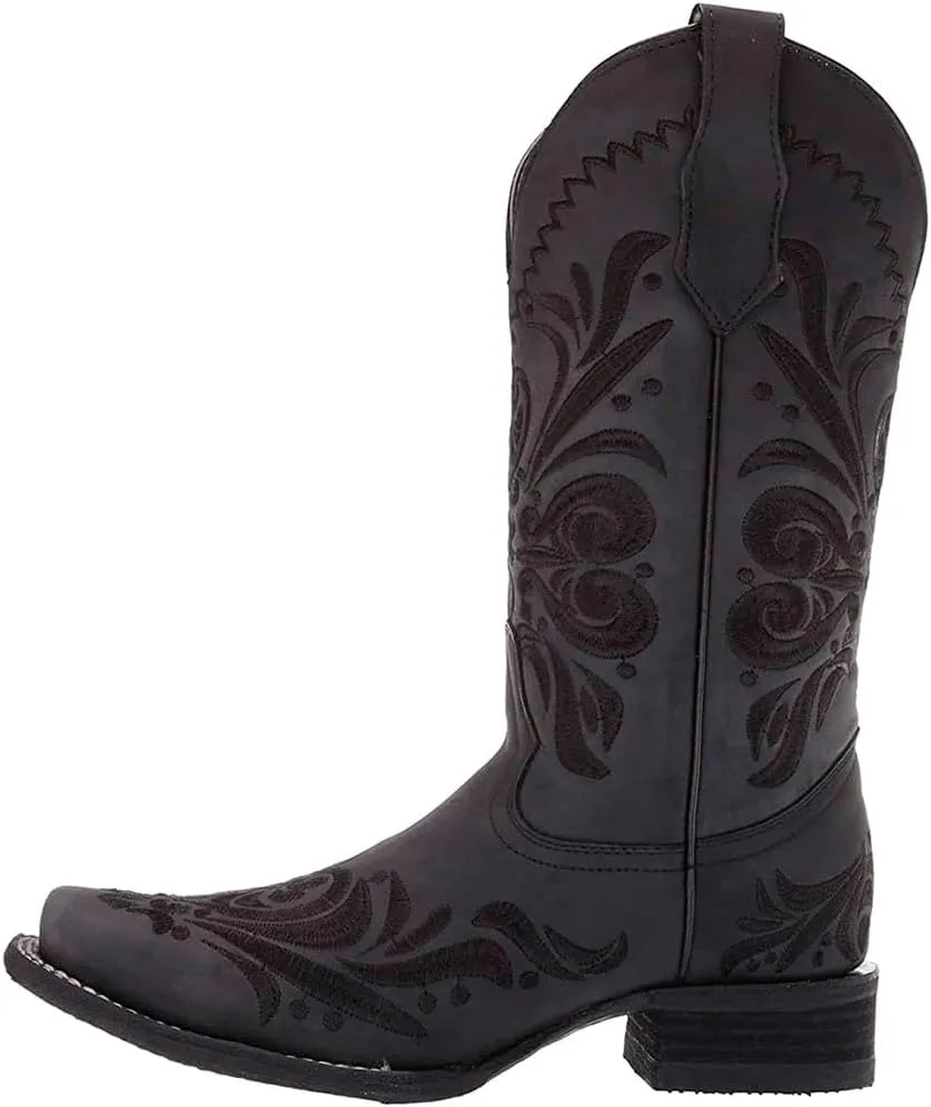 Corral Boots Women's Leather Cowgirl Embroidered Square Toe Boot Pull-On Comfortable Fit Western Style