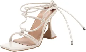 Coutgo Women's Lace Up Heels Gladiator Square Open Toe Dressy Stilettos Strappy Comfortable Summer Party Shoes