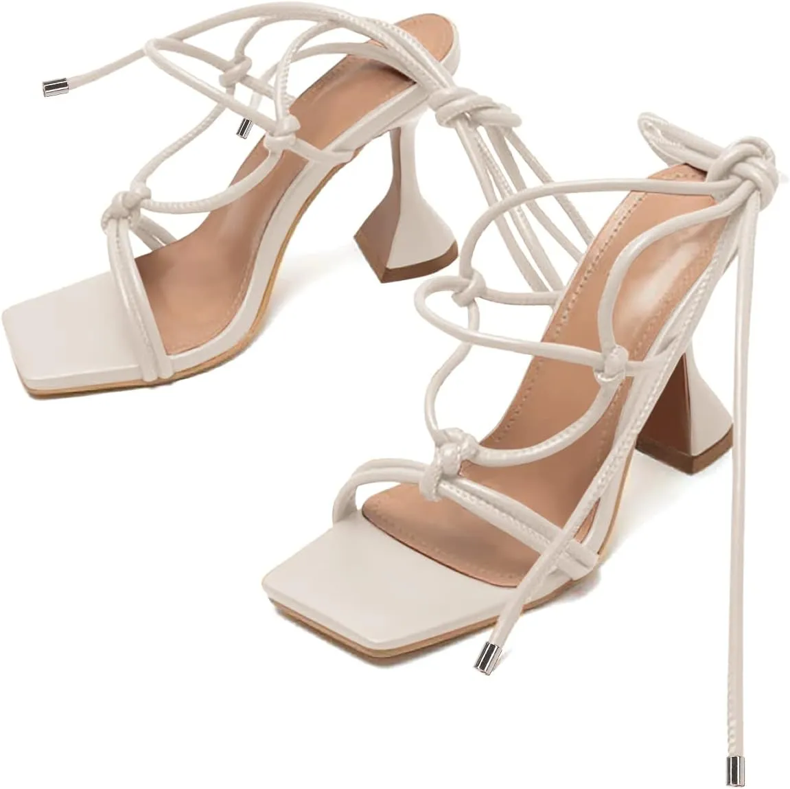 Coutgo Women's Lace Up Heels Gladiator Square Open Toe Dressy Stilettos Strappy Comfortable Summer Party Shoes