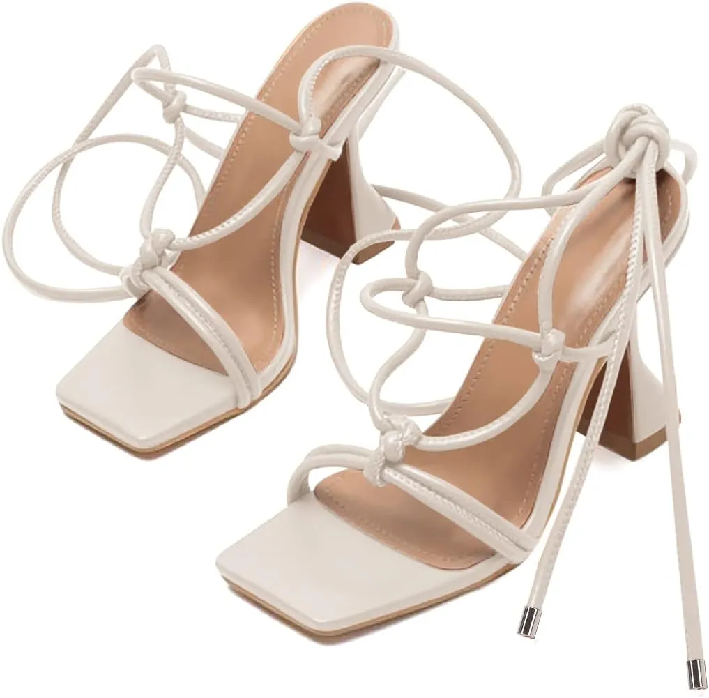 Coutgo Women's Lace Up Heels Gladiator Square Open Toe Dressy Stilettos Strappy Comfortable Summer Party Shoes
