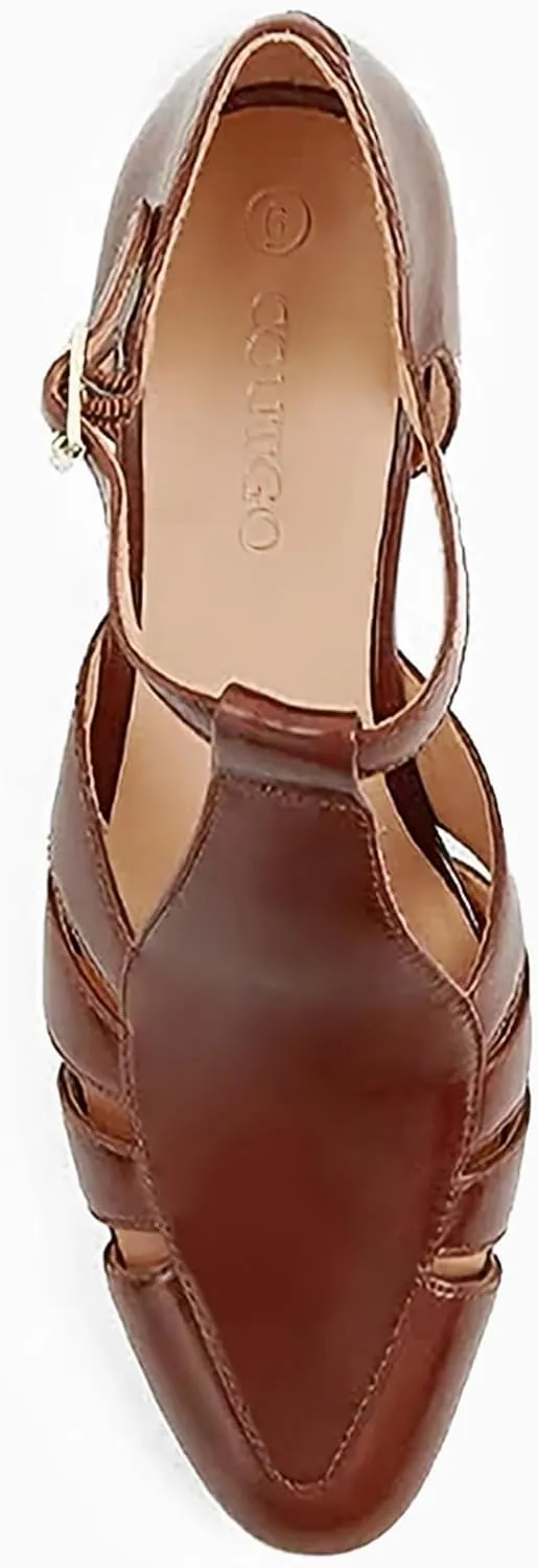 Coutgo Womens Low Heel Dress Shoes T-Strap Mary Jane Kitten Heels Dance Vintage Cutout Pumps