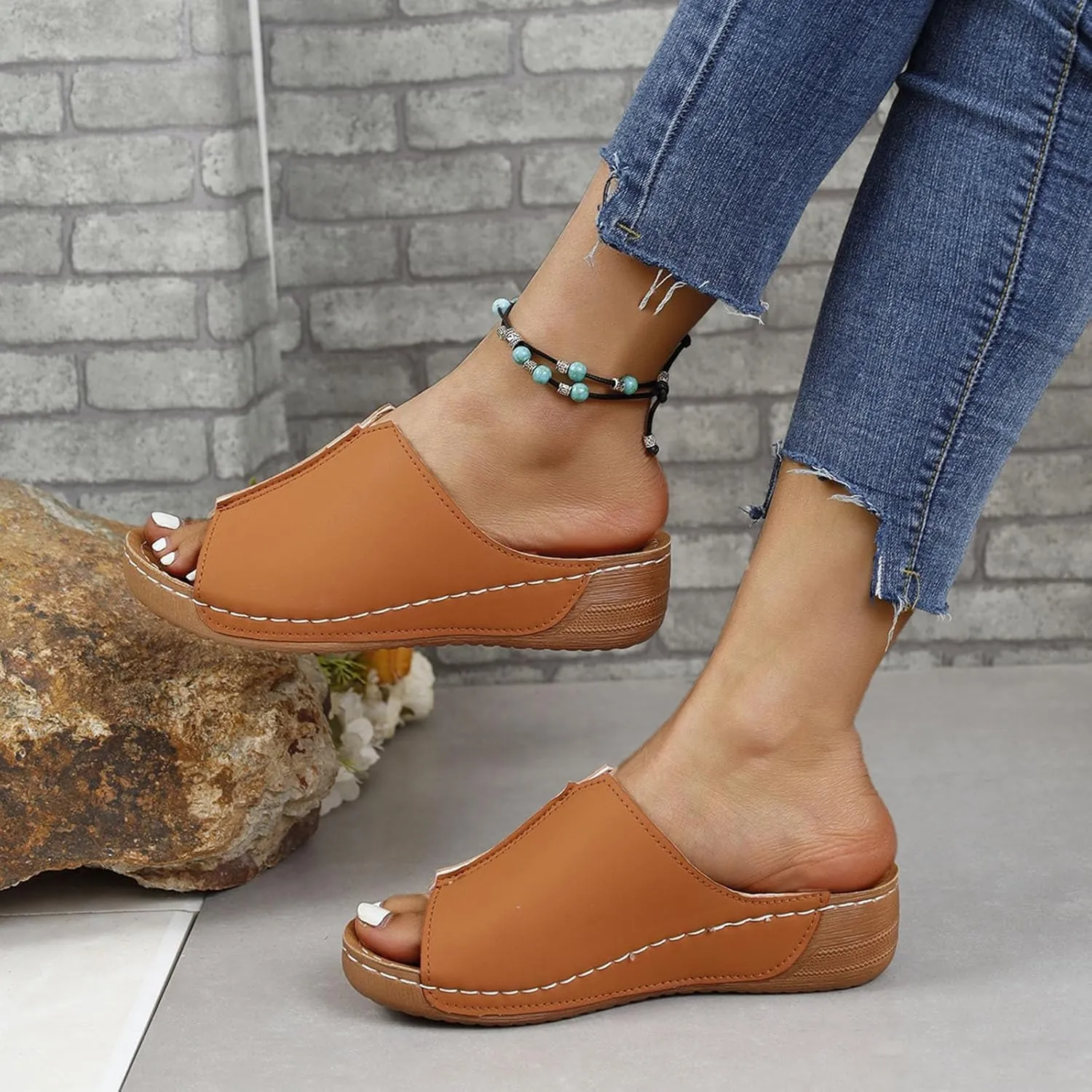 Damping Sole Upgradation Stretch Lightweight Sandals, Reef Platform Sandals Wedges Low Heel Rubber Arch Support Cushion Slip on Going Out Dressy Comfortable Black Slides Wedge Slippers