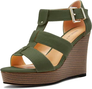 DearOnly Womens High Wedge Platform Heel Peep Open Toe Sandals Ankle Strap Buckle Gladiator Party Denim Summer 3.9 Inches Heels