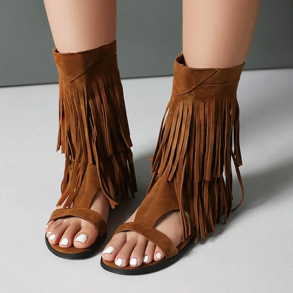 DINTAHA Fringe Gladiator Sandals Womens Flat Sandals Summer Ankle Boots