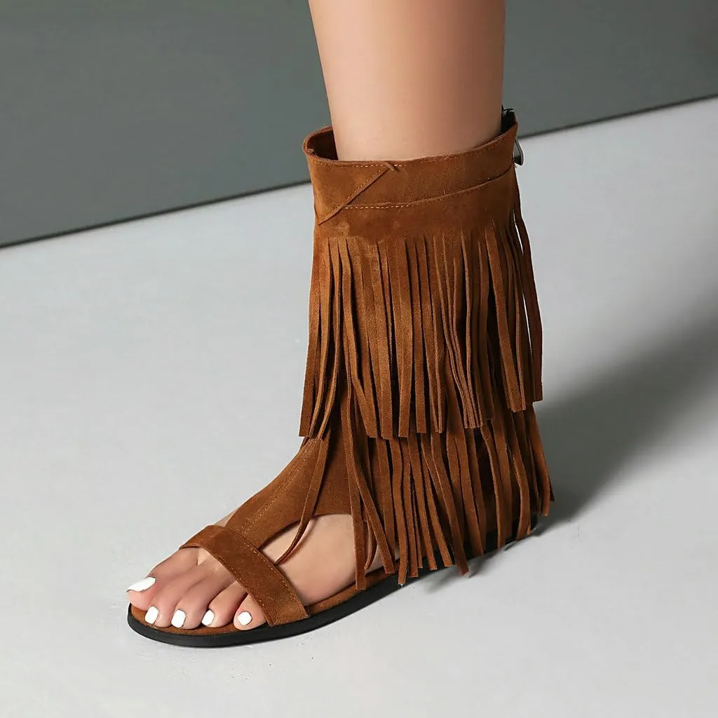 DINTAHA Fringe Gladiator Sandals Womens Flat Sandals Summer Ankle Boots