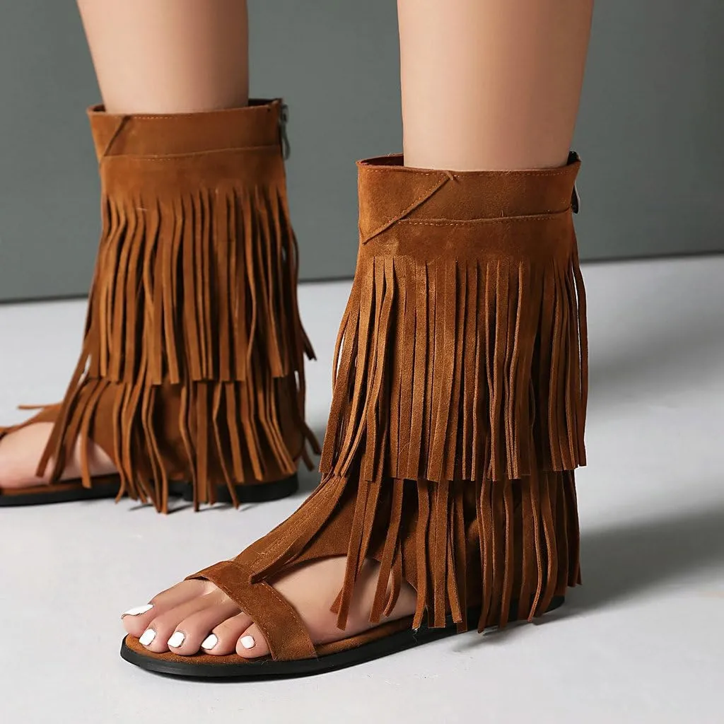 DINTAHA Fringe Gladiator Sandals Womens Flat Sandals Summer Ankle Boots