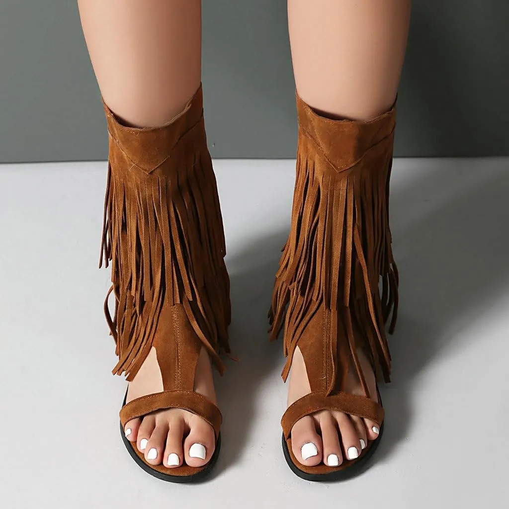 DINTAHA Fringe Gladiator Sandals Womens Flat Sandals Summer Ankle Boots