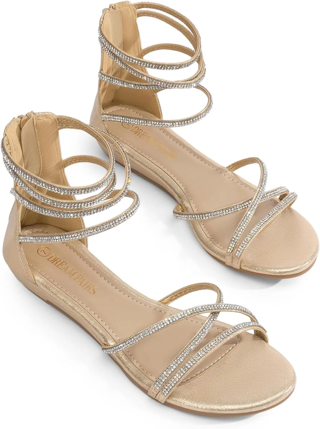 DREAM PAIRS Women's Ankle Strap Flat Sandals Summer Dressy Strappy Gladiator Rhinestones Sandals