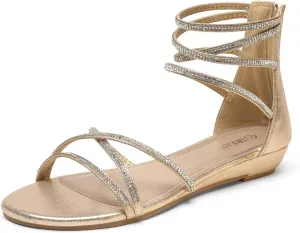 DREAM PAIRS Women's Ankle Strap Flat Sandals Summer Dressy Strappy Gladiator Rhinestones Sandals