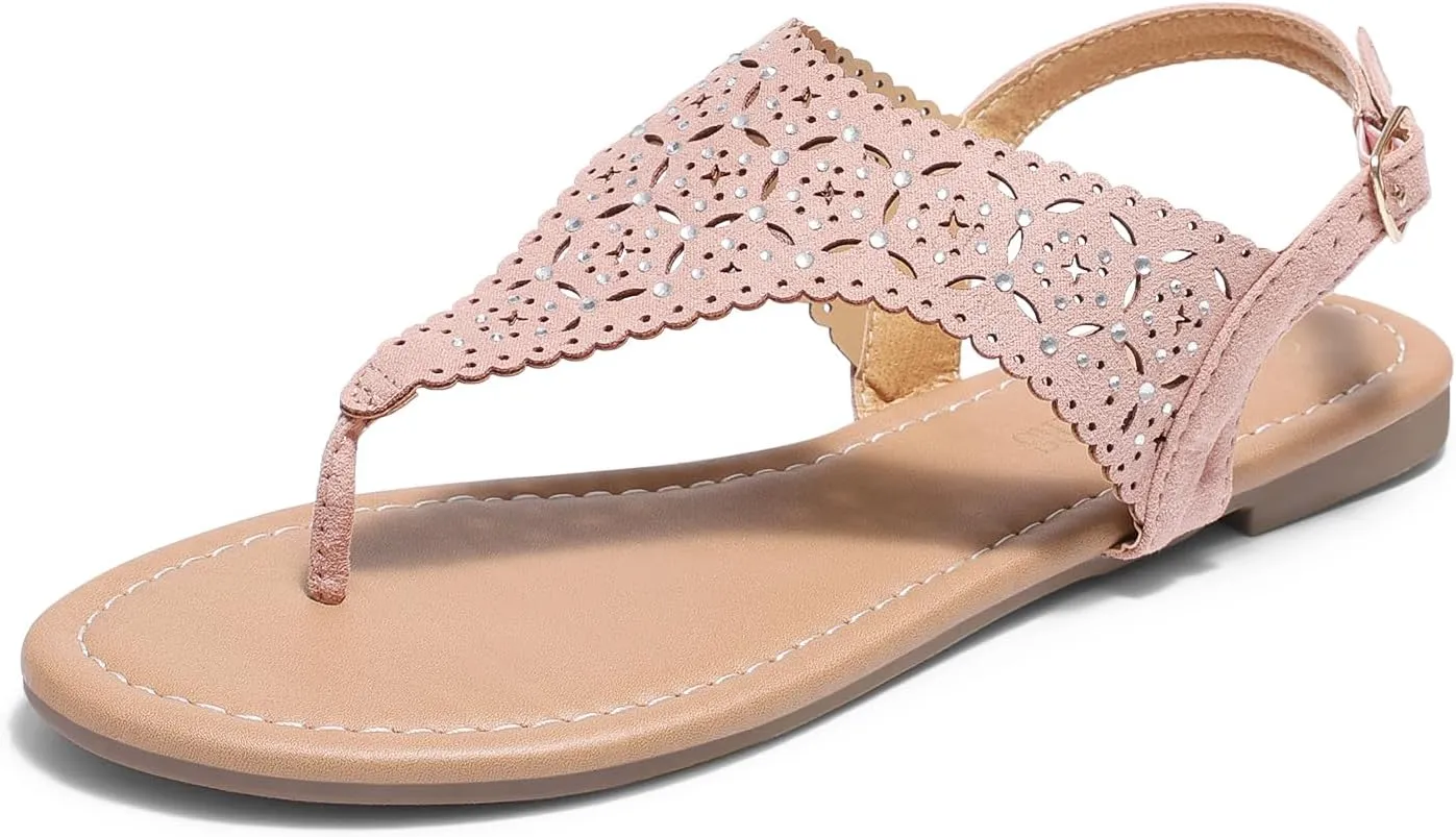 DREAM PAIRS Women's Rhinestone Casual Wear Cute Gladiator Flat Sandals Beach Dressy T-Strap Thong Sandals