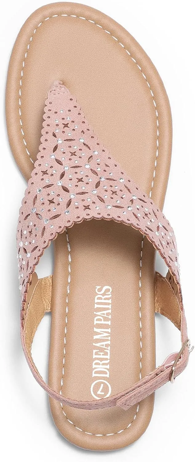 DREAM PAIRS Women's Rhinestone Casual Wear Cute Gladiator Flat Sandals Beach Dressy T-Strap Thong Sandals