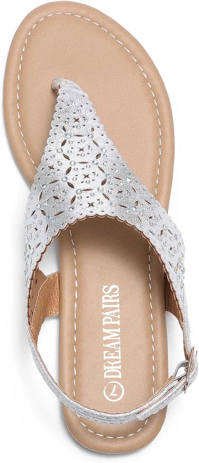DREAM PAIRS Women's Rhinestone Casual Wear Cute Gladiator Flat Sandals Beach Dressy T-Strap Thong Sandals