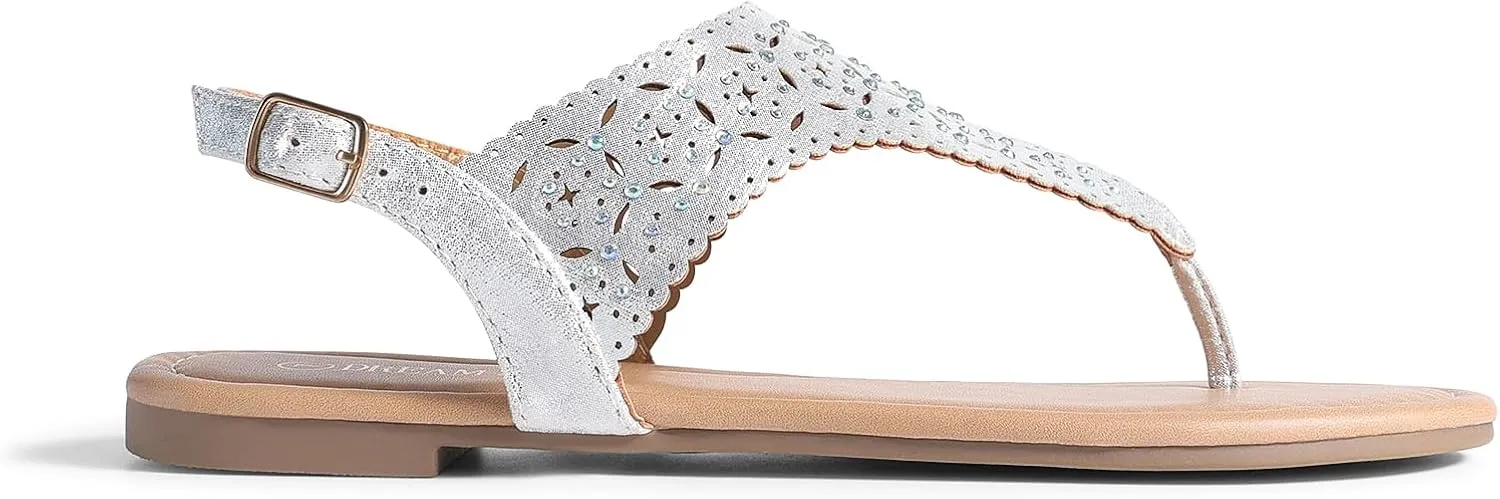 DREAM PAIRS Women's Rhinestone Casual Wear Cute Gladiator Flat Sandals Beach Dressy T-Strap Thong Sandals