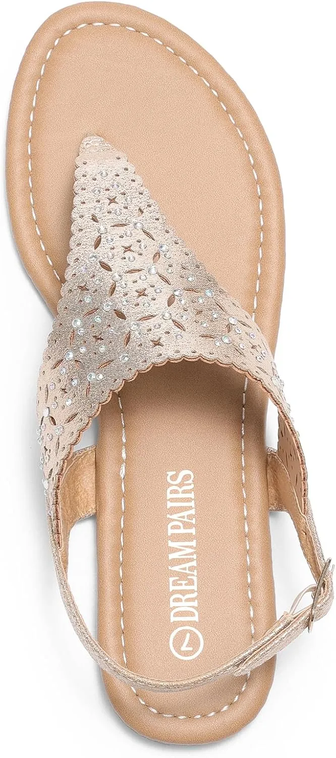 DREAM PAIRS Women's Rhinestone Casual Wear Cute Gladiator Flat Sandals Beach Dressy T-Strap Thong Sandals