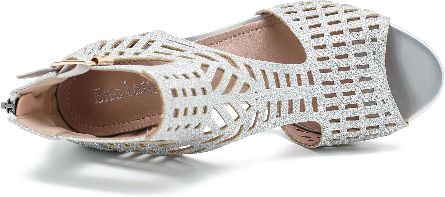 Enelauge Women's Gladiator Sandals Strappy Hollow Out Chunky High Heels Open Toe Ankle Strap Dressy Pumps with Back Zip Cutout Heeled Bohemian Summer Party Sandals