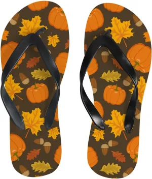 Flip Flops Sandals for Women Beach - Pumpkin Acorns Orange Oak Leaves Casual Flat Slide Sandal Thong Slippers Shower Shoes
