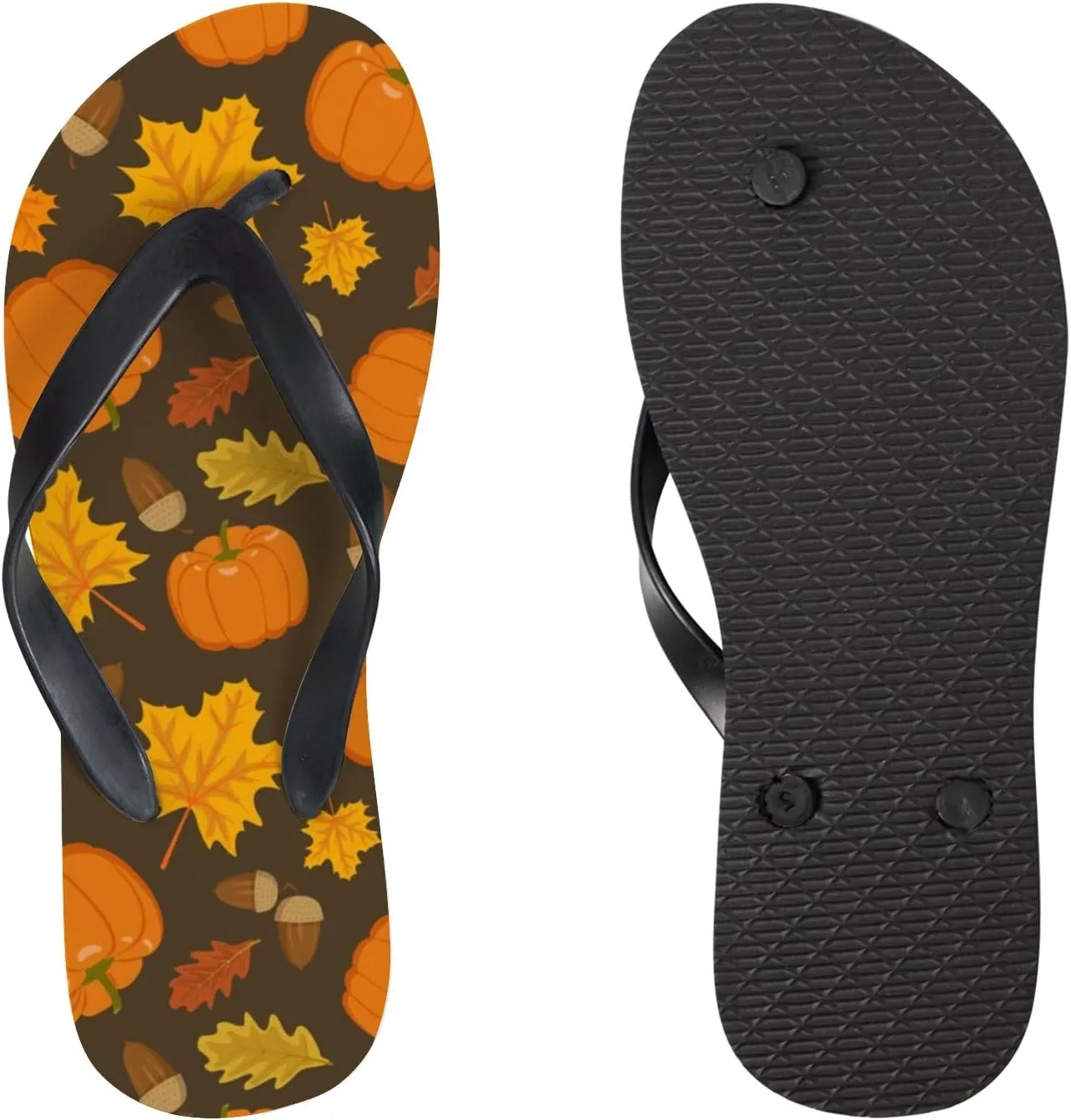 Flip Flops Sandals for Women Beach - Pumpkin Acorns Orange Oak Leaves Casual Flat Slide Sandal Thong Slippers Shower Shoes