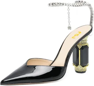 FSJ Women Bridal Heeled Sandals Pointy Toe Crystal Chain Ankle Strap Pumps Luxury Rhinestone Embellished Chunky Heels Wedding Party Dress Shoes Size 4-16 US