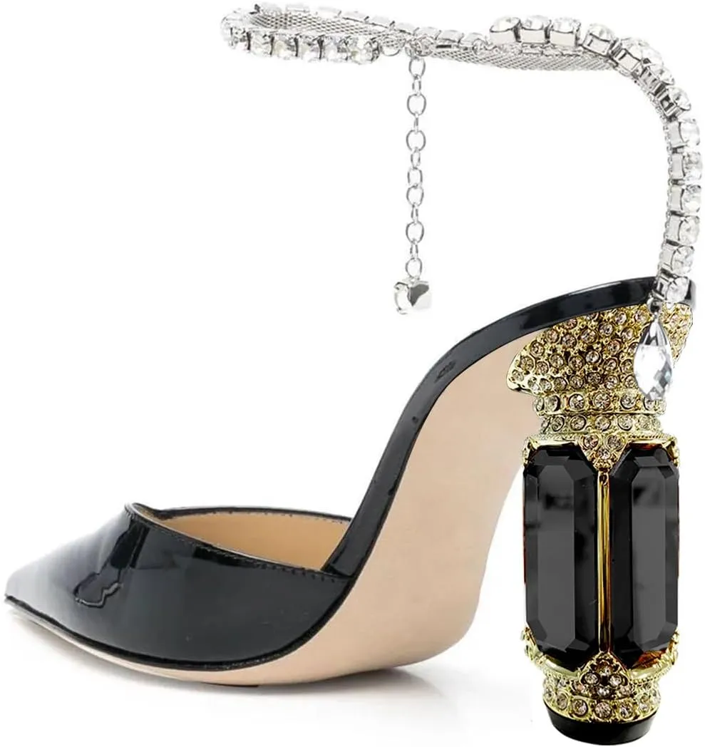 FSJ Women Bridal Heeled Sandals Pointy Toe Crystal Chain Ankle Strap Pumps Luxury Rhinestone Embellished Chunky Heels Wedding Party Dress Shoes Size 4-16 US