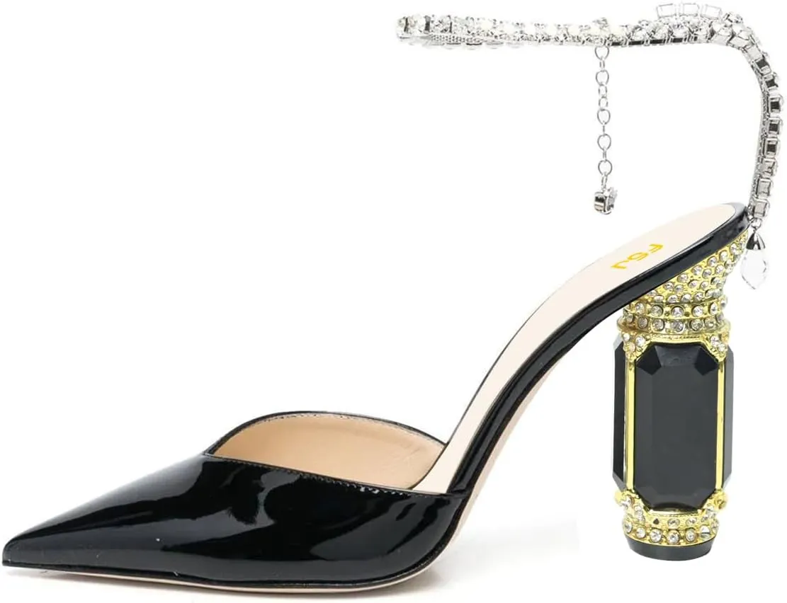 FSJ Women Bridal Heeled Sandals Pointy Toe Crystal Chain Ankle Strap Pumps Luxury Rhinestone Embellished Chunky Heels Wedding Party Dress Shoes Size 4-16 US