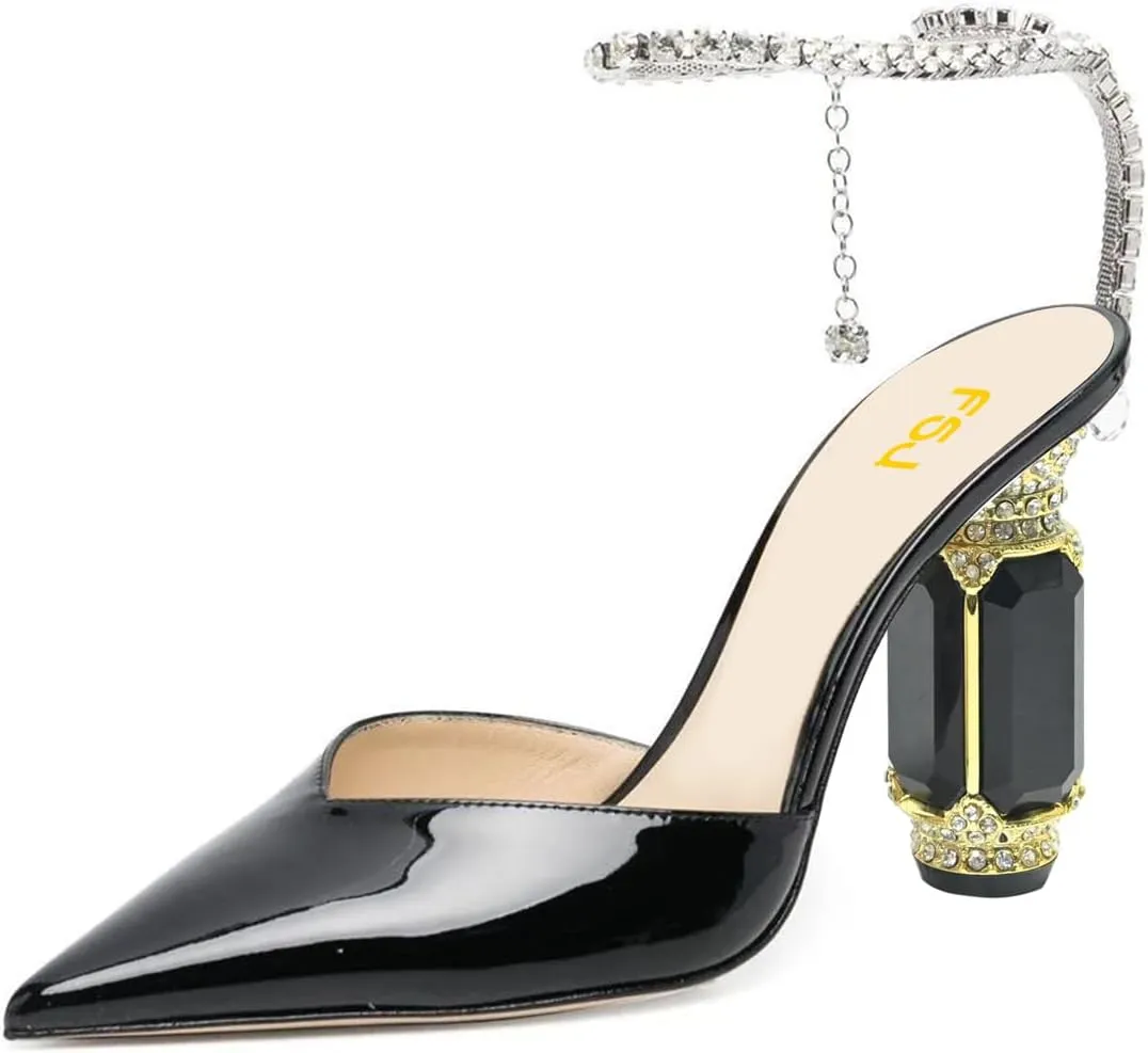 FSJ Women Bridal Heeled Sandals Pointy Toe Crystal Chain Ankle Strap Pumps Luxury Rhinestone Embellished Chunky Heels Wedding Party Dress Shoes Size 4-16 US