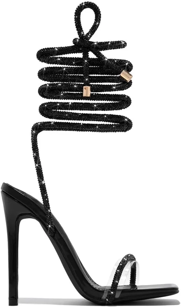 GATUXUS Sexy Women's Stilettos High Heel Gladiator Strappy Sandals Square Toe Lace Up Dressy Pumps Shoes