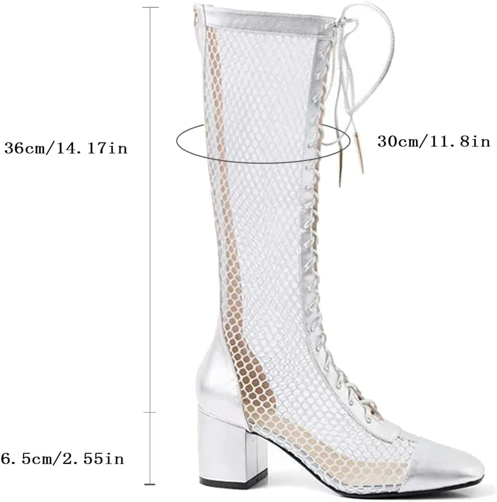 Goolita Square Toe Lace Up Mesh Gladiator Sandals For Women Knee High Summer Booties Back Zipper Block Low Heel Sandals Boots