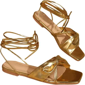 GORGLITTER Women's Bow Lace Up Sandals Gladiator Strappy Flat Sandals Open Toe Beach Slide Sandals