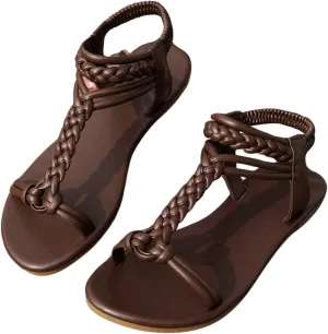GORGLITTER Women's Gladiator Braided Roman Ankle Strap Sandals Leather Open Toe Summer Vacation Flats Sandals 2025