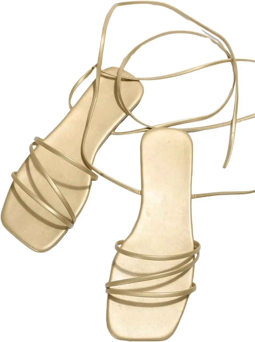 GORGLITTER Women's Lace Up Flat Sandals Dressy Strappy Gladiator Sandals Open Toe Summer Beach Slides