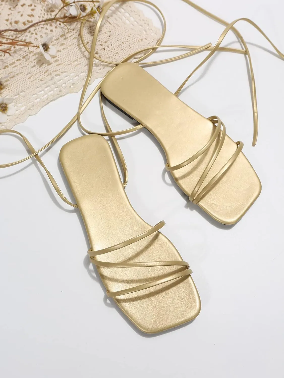 GORGLITTER Women's Lace Up Flat Sandals Dressy Strappy Gladiator Sandals Open Toe Summer Beach Slides