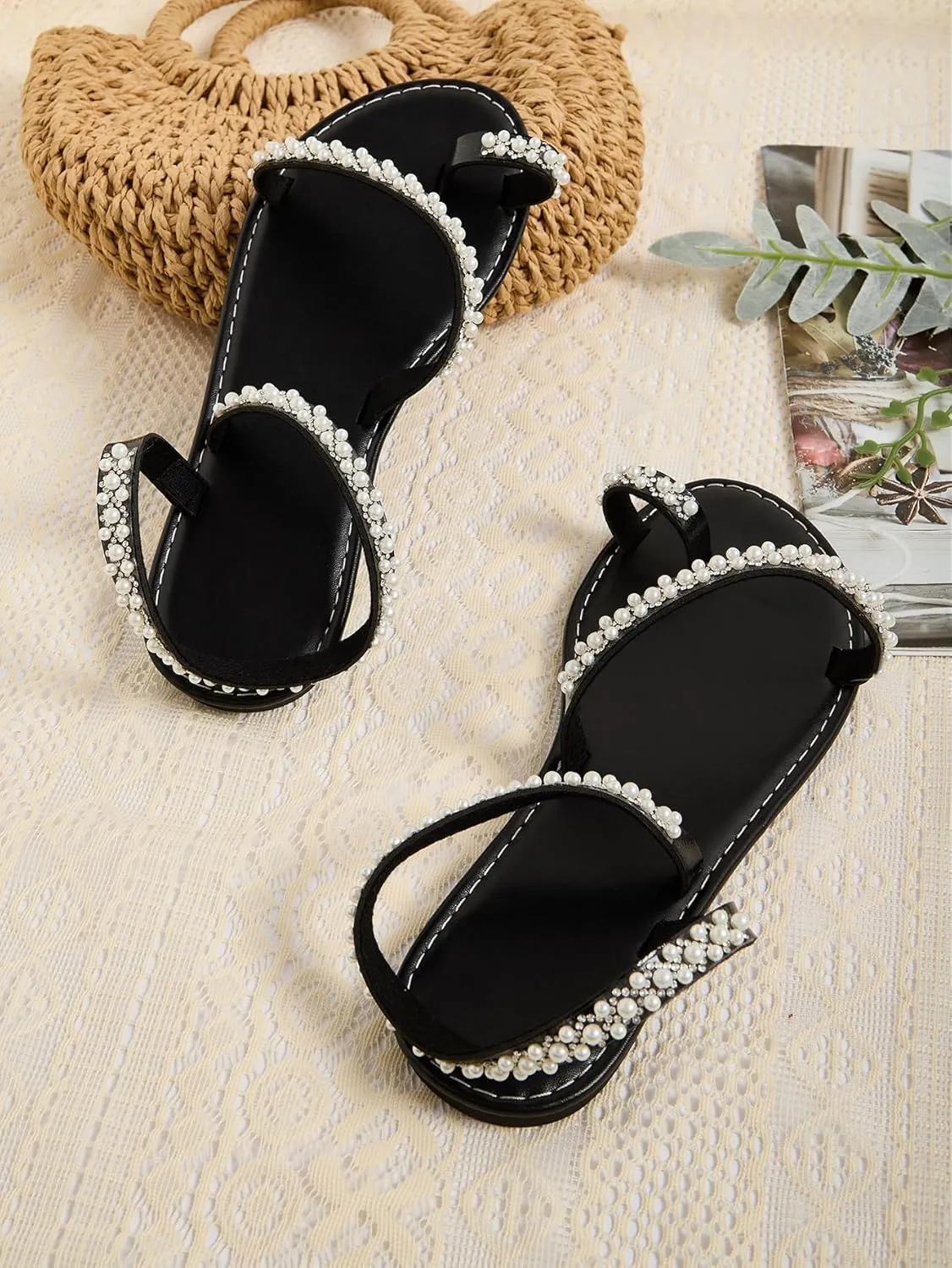 GORGLITTER Women's Pearl Strappy Flat Sandals Beaded Ankle Strap Toe Ring Summer Sandal